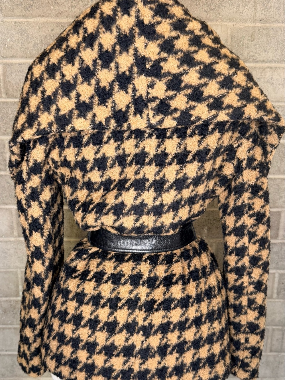 Max Mara Made Italy Houndstooth Belted Wrap Coat Leather Trim Size 8 - Picture 10 of 14